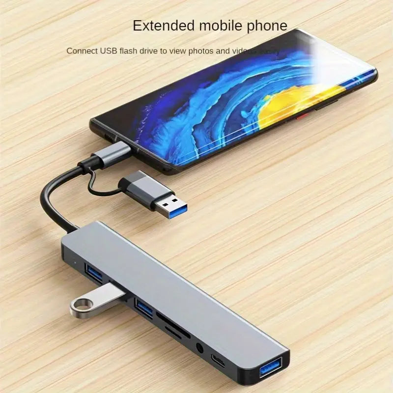 Docking Hub 20.32 cm | 2 Type-C + USB 3.0 + Card Reader (TF/SD) + 3.5mm Audio Jack